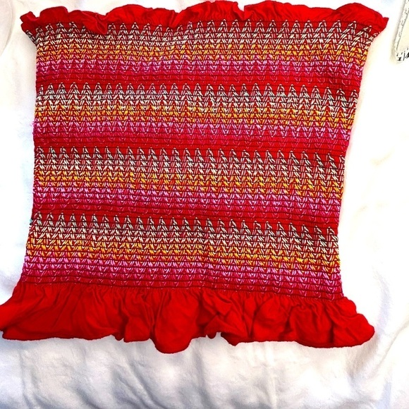 D05.5 Forever 21 Ruffled Red Strip Bardot Top - Picture 1 of 2